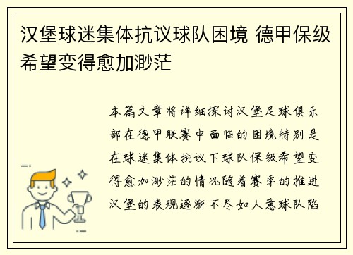汉堡球迷集体抗议球队困境 德甲保级希望变得愈加渺茫