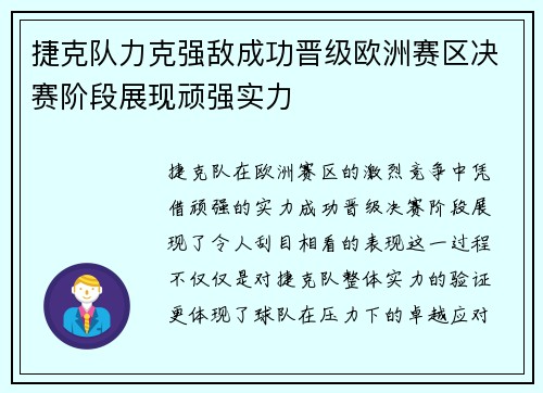 捷克队力克强敌成功晋级欧洲赛区决赛阶段展现顽强实力