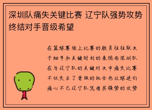 深圳队痛失关键比赛 辽宁队强势攻势终结对手晋级希望