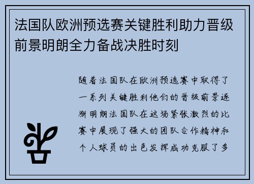 法国队欧洲预选赛关键胜利助力晋级前景明朗全力备战决胜时刻