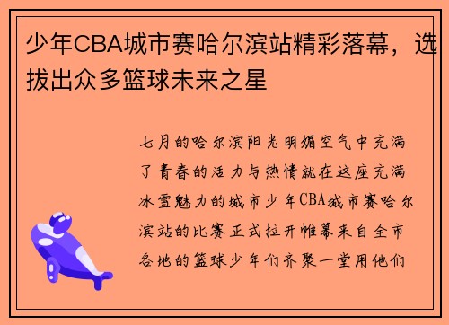 少年CBA城市赛哈尔滨站精彩落幕，选拔出众多篮球未来之星