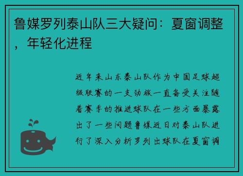 鲁媒罗列泰山队三大疑问：夏窗调整，年轻化进程