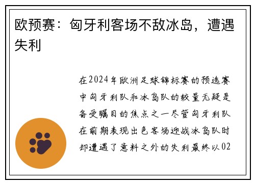 欧预赛：匈牙利客场不敌冰岛，遭遇失利