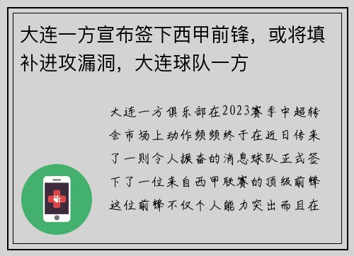大连一方宣布签下西甲前锋，或将填补进攻漏洞，大连球队一方