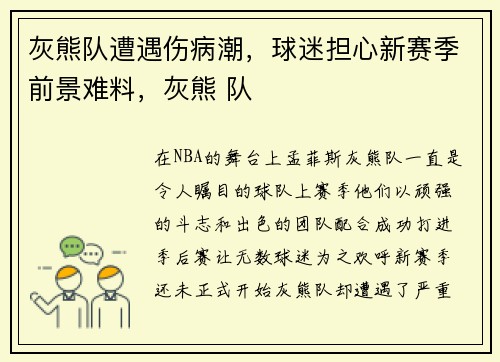 灰熊队遭遇伤病潮，球迷担心新赛季前景难料，灰熊 队