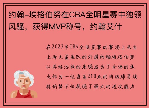 约翰-埃格伯努在CBA全明星赛中独领风骚，获得MVP称号，约翰艾什