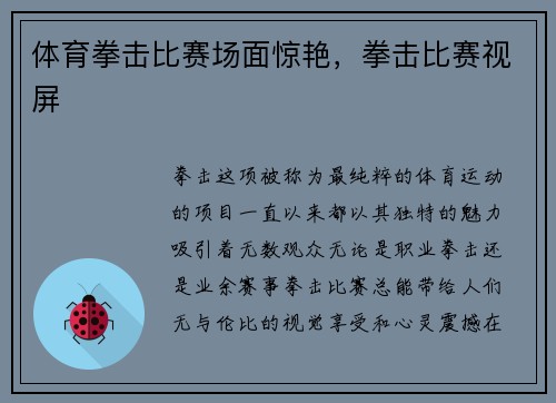 体育拳击比赛场面惊艳，拳击比赛视屏