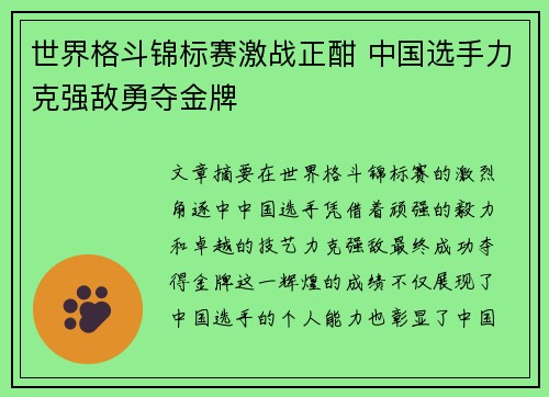 世界格斗锦标赛激战正酣 中国选手力克强敌勇夺金牌