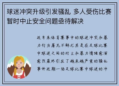 球迷冲突升级引发骚乱 多人受伤比赛暂时中止安全问题亟待解决