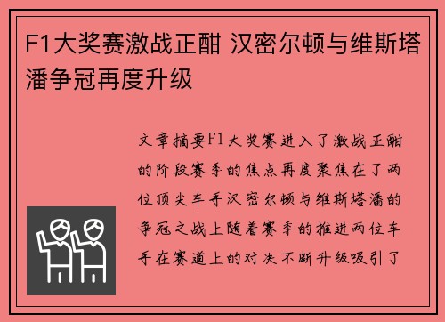 F1大奖赛激战正酣 汉密尔顿与维斯塔潘争冠再度升级